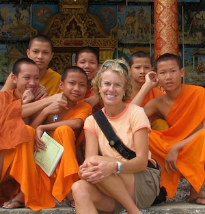 Kathy Dragon in Laos with Monks